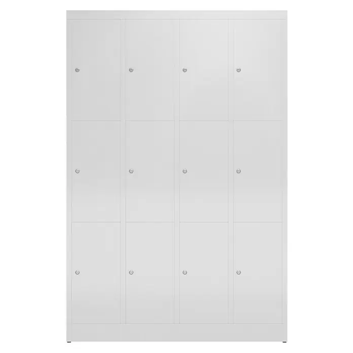Lüllmann ClassiX Schließfachschrank - H x B x T: 180 x 118,5 x 50 cm, Lichtgrau, Fertig montiert, Anzahl Fächer: 12 Stk. - Ein weißer, moderner Spind mit 12 Fächern für Büros oder Schulen, der eine praktische und stilvolle Stauraumlösung bietet.