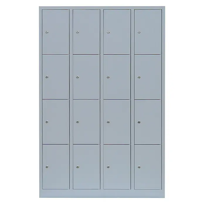 Lüllmann Schließfachschrank - H x B x T: 180 x 117 x 50 cm, Lichtgrau, Fertig montiert, Anzahl Fächer: 16 Stk. - Graue Schließfächer mit mehreren Fächern für die sichere Aufbewahrung von Gegenständen. Ideal für Schulen, Fitnessstudios oder Büros.