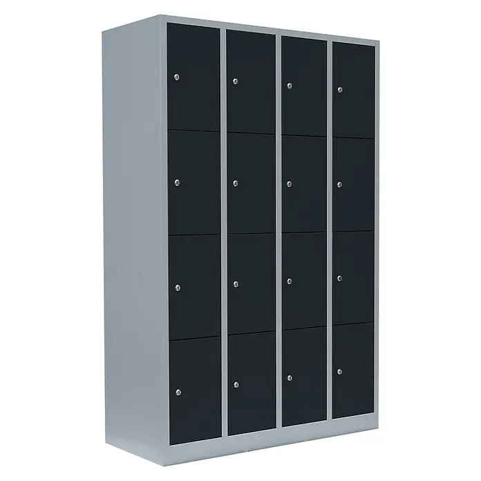 Lüllmann Schließfachschrank - H x B x T: 180 x 117 x 50 cm, Lichtgrau/Anthrazit, Fertig montiert, Anzahl Fächer: 16 Stk. - Das Bild zeigt einen grauen Spindschrank mit schwarzen Türen und silbernen Türgriffen. Die Konstruktion besteht aus 4 Spalten mit jeweils 4 Fächern.
