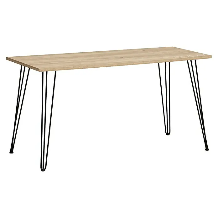 Schildmeyer Emmik Schreibtisch - L x B x H: 60 x 138 x 73,7 cm - Elegantes Esstisch-Design mit hellbeiger Tischplatte und schlanken, schwarzen Metallbeinen, ideal für moderne Essbereiche.