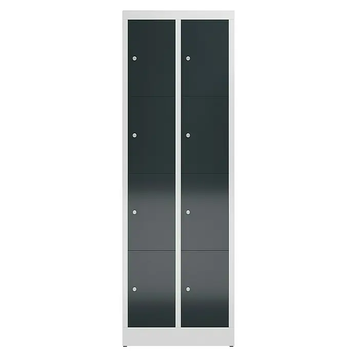 Lüllmann ClassiX Schließfachschrank - H x B x T: 180 x 59 x 50 cm, Lichtgrau/Anthrazit, Fertig montiert, Anzahl Fächer: 8 Stk. - Schmaler grauer und weißer Metallschrank mit acht Fächern, die durch silberne runde Knöpfe geöffnet werden können.