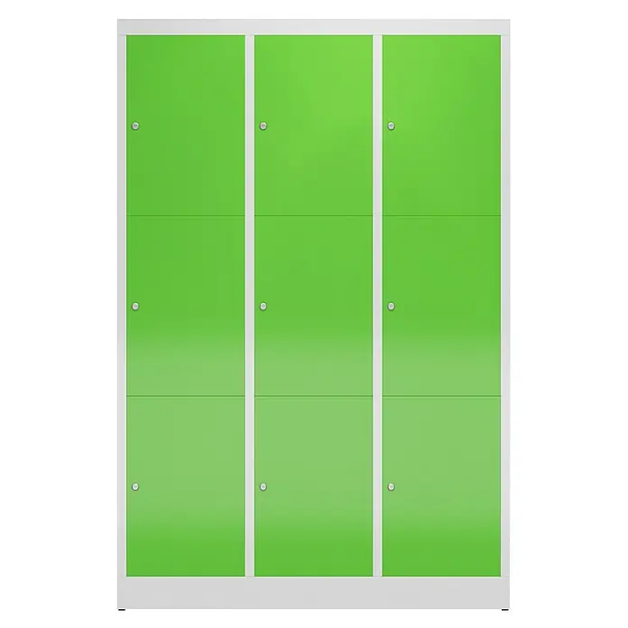 Lüllmann ClassiX Schließfachschrank - H x B x T: 180 x 118,5 x 50 cm, Lichtgrau/Gelbgrün, Fertig montiert, Anzahl Fächer: 9 Stk. - Dieser Schrank in trendigem Grün ist ein echter Hingucker und bietet viel Stauraum für alle Fälle. Ideal für Büro, Schule oder Zuhause.