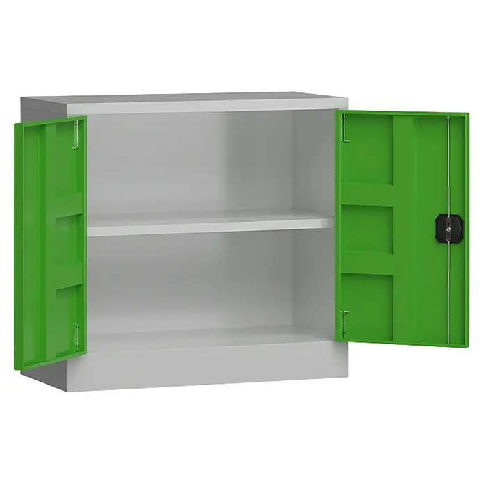 Lüllmann ClassiX Metall-Mehrzweckschrank - H x B x T: 75 x 80 x 38 cm, Lichtgrau/Gelbgrün, Fertig montiert, Anzahl Böden: 1 Stk. - Grüner Werkzeugschrank mit zwei offenen Türen und einem Regal, ideal für die Werkstatt oder Garage zur Aufbewahrung von Werkzeugen.