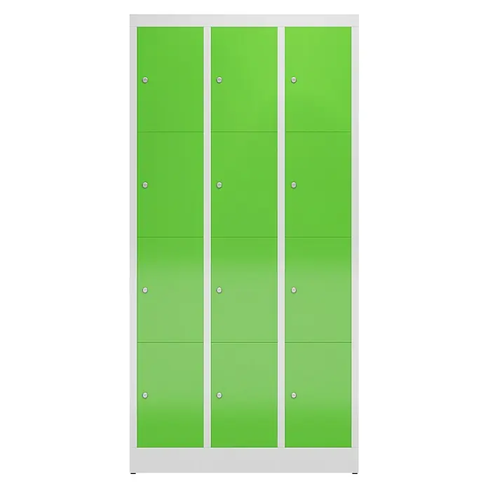 Lüllmann ClassiX Schließfachschrank - H x B x T: 180 x 87 x 50 cm, Lichtgrau/Gelbgrün, Fertig montiert, Anzahl Fächer: 12 Stk. - Grüne Schließfächer in einem weißen Rahmen, ideal für Schulen oder Fitnessstudios, bieten eine sichere Aufbewahrung für persönliche Gegenstände.