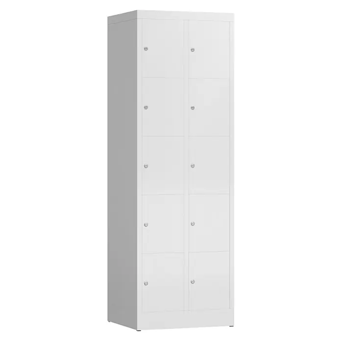 Lüllmann ClassiX Schließfachschrank - H x B x T: 180 x 59 x 50 cm, Signalweiß, Fertig montiert, Anzahl Fächer: 10 Stk. - Ein eleganter, weißer Aktenschrank mit mehreren Fächern und dezenten Griffen, ideal für Büro oder Homeoffice.\n