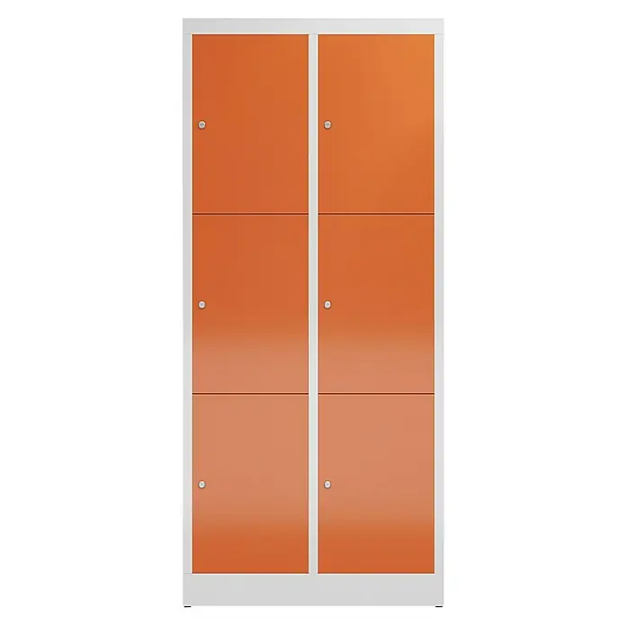 Lüllmann ClassiX Schließfachschrank - H x B x T: 180 x 80 x 50 cm, Lichtgrau/Feuerrot, Fertig montiert, Anzahl Fächer: 6 Stk. - Ein Schrank mit sechs orangefarbenen Fächern in einem weißen Rahmen. Ideal für Schulen oder Fitnessstudios.
