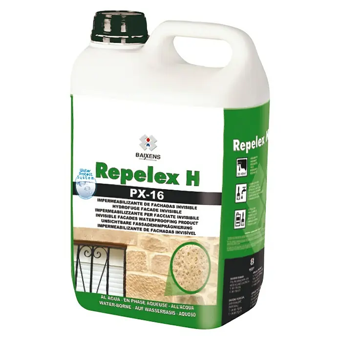 Baixens Impermeabilizante Repelex H PX 16 - 5 l - Garrafa Repalex H PX-16, un producto impermeabilizante de fachadas a base de agua para una protección invisible.