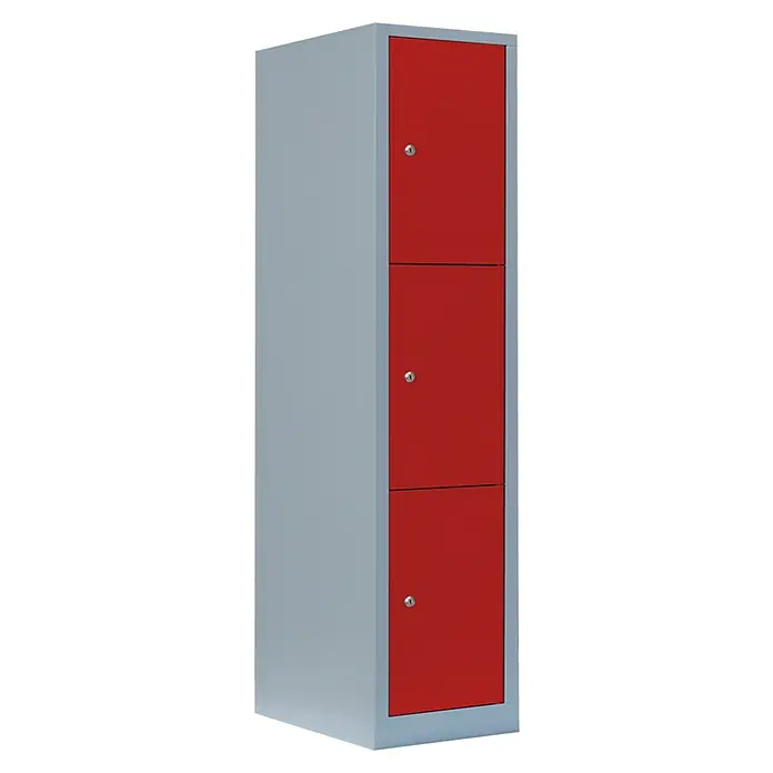 Lüllmann Schließfachschrank - H x B x T: 180 x 41,5 x 50 cm, Lichtgrau/Feuerrot, Fertig montiert, Anzahl Fächer: 3 Stk. - Dreifacher Spind mit roten Türen und silbergrauem Rahmen. Ideal für Umkleideräume, Schulen oder Büros zur sicheren Aufbewahrung.