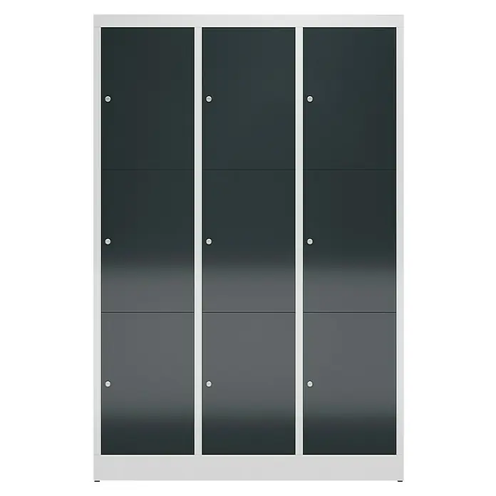 Lüllmann ClassiX Schließfachschrank - H x B x T: 180 x 118,5 x 50 cm, Lichtgrau/Anthrazit, Fertig montiert, Anzahl Fächer: 9 Stk. - Graue Garderobenschränke mit weißem Rahmen. Ein elegantes und funktionales Möbelstück zur Aufbewahrung von Kleidung und Gegenständen.