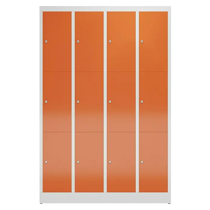 Lüllmann ClassiX Schließfachschrank - H x B x T: 180 x 118,5 x 50 cm, Lichtgrau/Feuerrot, Fertig montiert, Anzahl Fächer: 12 Stk. - Ansicht eines Schranksystems mit zwölf orangefarbenen Fächern und einem weißen Rahmen. Praktische und moderne Aufbewahrungslösung.