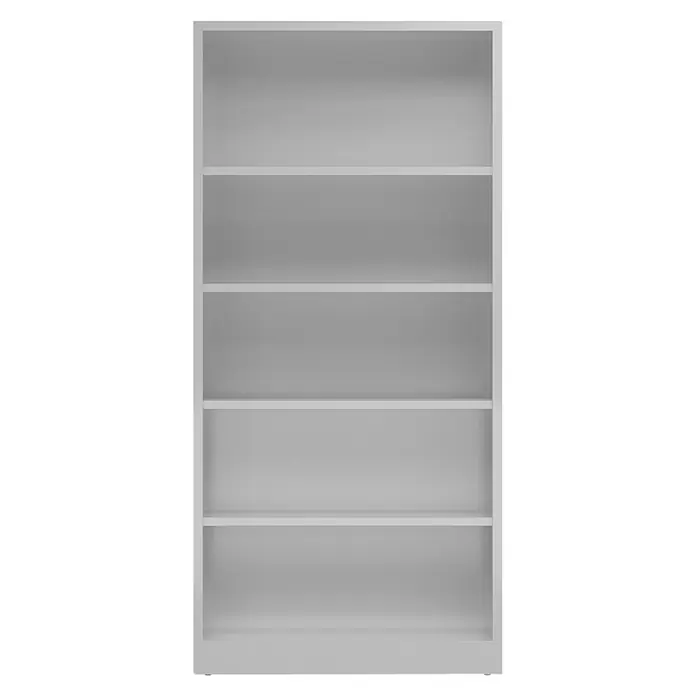 Lüllmann ClassiX Aktenregal - H x B x T: 194,5 x 92 x 42 cm, Traglast pro Boden: 65 kg, Anzahl Böden: 4 Stk., Lichtgrau - Ein hochformatiges Foto eines leeren, weißen Bücherregals mit fünf Regalen, das einen sauberen und modernen Stauraum bietet.
