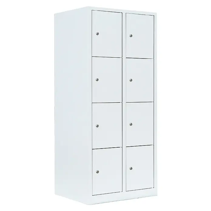Lüllmann Schließfachschrank - H x B x T: 180 x 80 x 50 cm, Signalweiß, Fertig montiert, Anzahl Fächer: 8 Stk. - Helle, saubere und moderne Spindanlage mit acht abschließbaren Fächern, ideal für Schulen oder Büros. Robuste Konstruktion für Langlebigkeit.