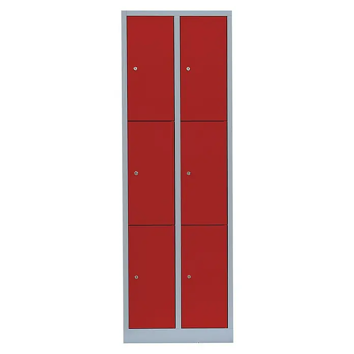 Lüllmann Schließfachschrank - H x B x T: 180 x 60 x 50 cm, Lichtgrau/Feuerrot, Fertig montiert, Anzahl Fächer: 6 Stk. - Ein Schrank mit sechs roten Fächern und einem silbernen Rahmen. Ideal für die Aufbewahrung von persönlichen Gegenständen oder Kleidung.