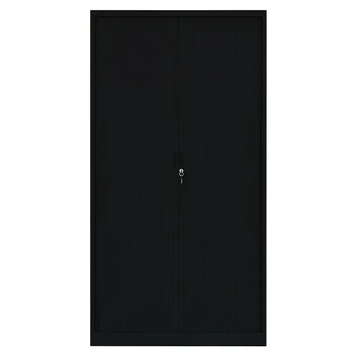 Lüllmann Rollladenschrank - H x B x T: 195 x 100 x 45,7 cm, Tiefschwarz, Fertig montiert, Anzahl Böden: 4 Stk. - Abbildung eines schwarzen abschließbaren Flügeltürenschranks. Ideal zur sicheren Aufbewahrung von Dokumenten, Werkzeugen und Geräten.