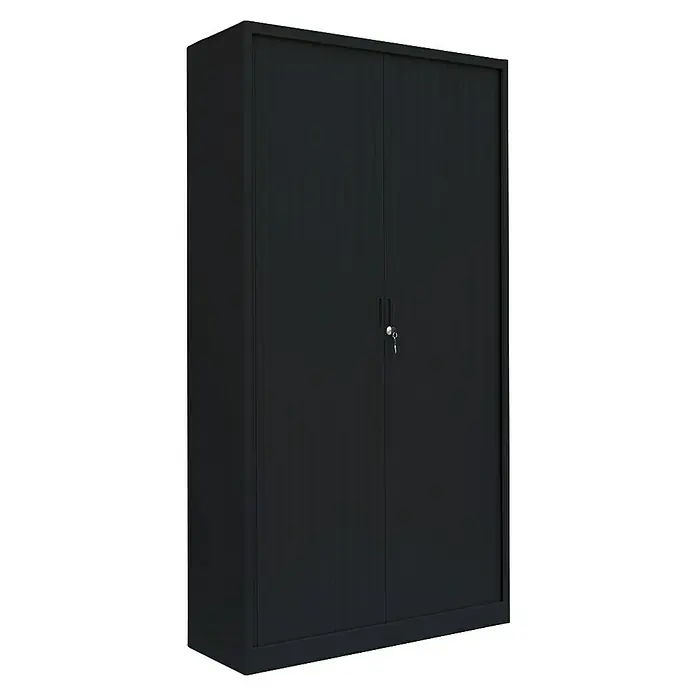 Lüllmann Rollladenschrank - H x B x T: 195 x 100 x 45,7 cm, Tiefschwarz, Fertig montiert, Anzahl Böden: 4 Stk. - Schwarzer Büroschrank mit zwei Türen und abschließbarem Schloss für die sichere Aufbewahrung von Akten und Büromaterialien.
