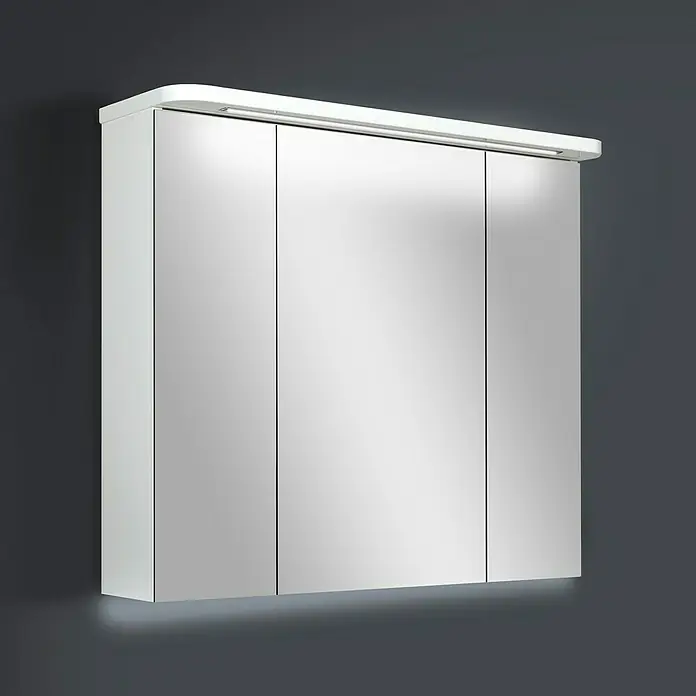 Riva LED-Spiegelschrank Toto - B x H: 81 x 72,2 cm, Holz, Weiß - Dreitüriger Spiegelschrank mit Beleuchtung. Der Schrank hat eine schlichte, moderne Optik und bietet viel Stauraum.