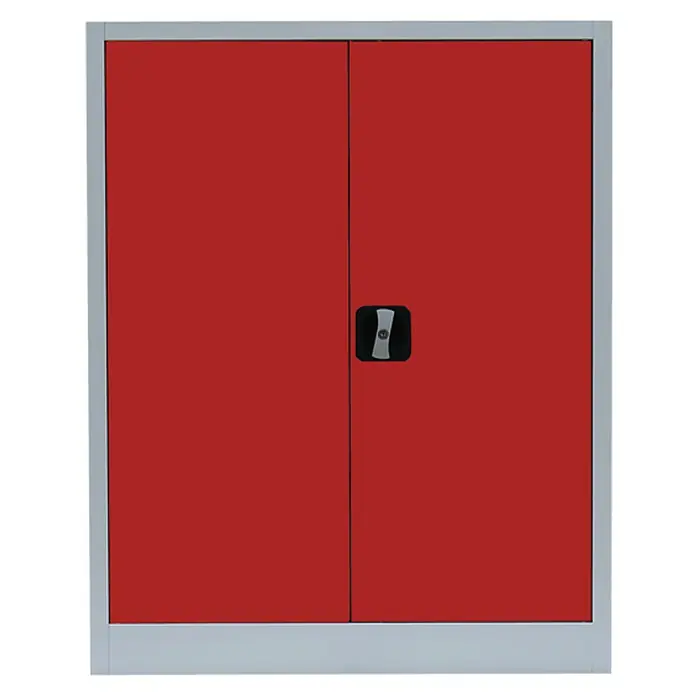 Lüllmann Metall-Mehrzweckschrank - H x B x T: 100 x 80 x 38,3 cm, Lichtgrau/Feuerrot, Fertig montiert, Anzahl Böden: 2 Stk. - Roter Stahlschrank mit zwei Türen und grauem Rahmen. Ideal für Werkstatt oder Lagerung.