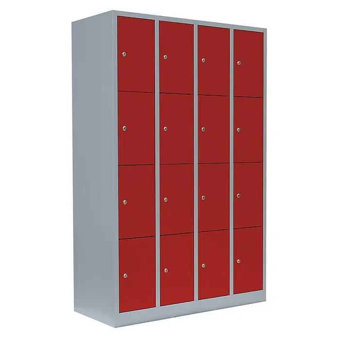 Lüllmann Schließfachschrank - H x B x T: 180 x 117 x 50 cm, Lichtgrau/Feuerrot, Fertig montiert, Anzahl Fächer: 16 Stk. - Diese Aufnahme zeigt einen grauen Spind mit roten Türen und mehreren Fächern, ideal zur Aufbewahrung und Organisation von Gegenständen.
