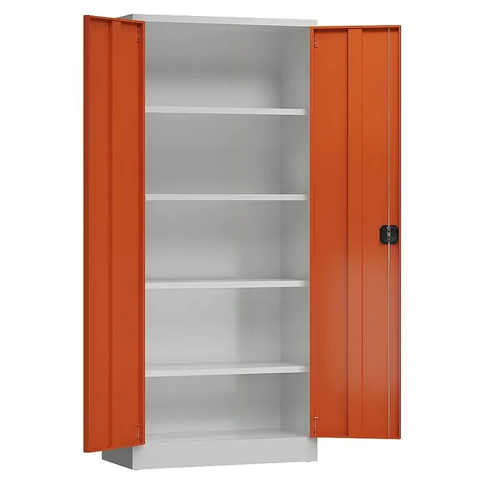 Lüllmann ClassiX Metall-Mehrzweckschrank - H x B x T: 180 x 80 x 38 cm, Lichtgrau/Feuerrot, Fertig montiert, Anzahl Böden: 4 Stk. - Abgebildeter Stahlschrank in Weiß und Orange mit mehreren Regalböden. Eine Tür ist geöffnet und gibt den Blick ins Innere frei.