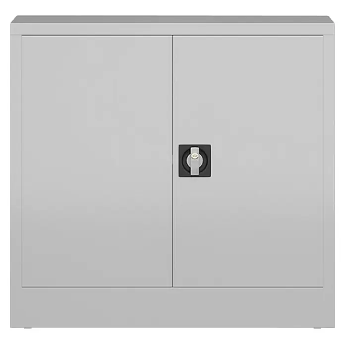 Lüllmann ClassiX Metall-Mehrzweckschrank - H x B x T: 75 x 80 x 38 cm, Lichtgrau, Fertig montiert, Anzahl Böden: 1 Stk. - Ein grauer Metallschrank mit zwei Türen und einem schwarzen Schloss in der Mitte. Ideal für Büro oder Werkstatt zur sicheren Aufbewahrung.