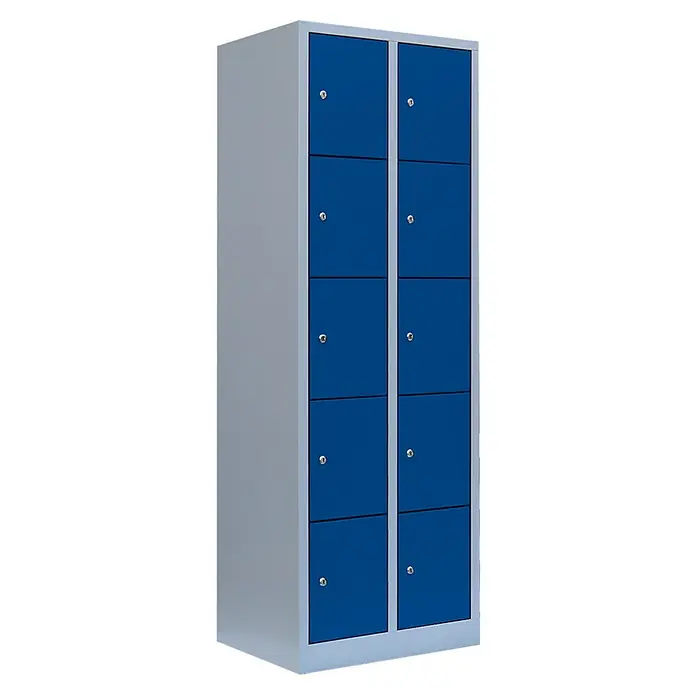 Lüllmann Schließfachschrank - H x B x T: 180 x 60 x 50 cm, Lichtgrau/Enzianblau, Fertig montiert, Anzahl Fächer: 10 Stk. - Blauer Spind mit silbernem Rahmen. Der Spind verfügt über zehn abschließbare Fächer und bietet Stauraum für verschiedene Gegenstände.
