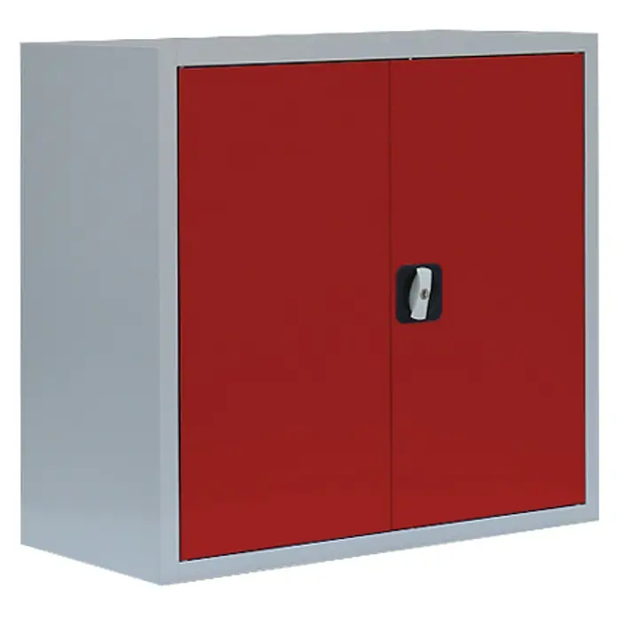 Lüllmann Metall-Mehrzweckschrank - H x B x T: 75 x 80 x 38,3 cm, Lichtgrau/Feuerrot, Fertig montiert, Anzahl Böden: 1 Stk. - Produktbild eines grauen Hängeschranks mit zwei roten Türen und einem schwarzen Griff.