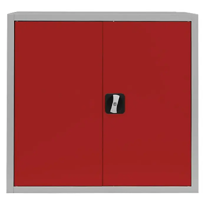 Lüllmann Metall-Mehrzweckschrank - H x B x T: 75 x 80 x 38,3 cm, Lichtgrau/Feuerrot, Fertig montiert, Anzahl Böden: 1 Stk. - Roter Werkzeugschrank mit zwei Türen und schwarzem Griff. Der Schrank hat einen silbernen Rahmen.