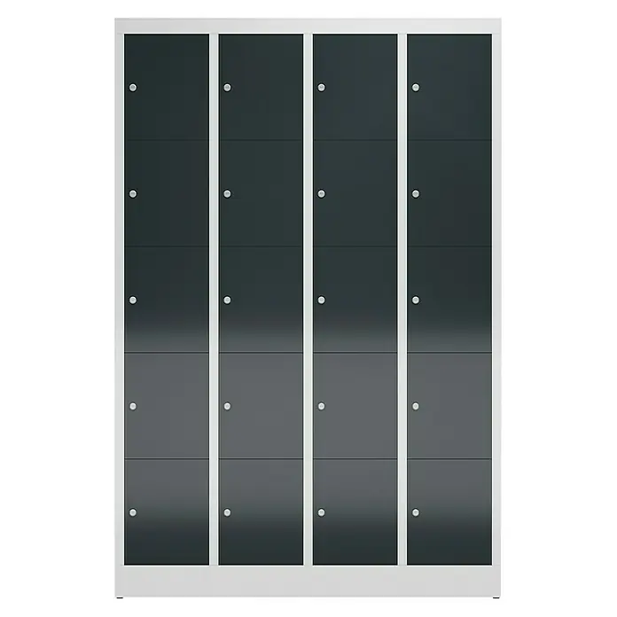 Lüllmann ClassiX Schließfachschrank - H x B x T: 180 x 118,5 x 50 cm, Lichtgrau/Anthrazit, Fertig montiert, Anzahl Fächer: 20 Stk. - Abbildung eines grauen Garderobenschranks mit weißen Rahmen und mehreren abschließbaren Fächern. Ideal für Umkleideräume und Schulen.
