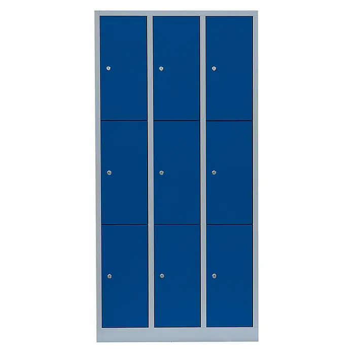 Lüllmann Schließfachschrank - H x B x T: 180 x 88,5 x 50 cm, Lichtgrau/Enzianblau, Fertig montiert, Anzahl Fächer: 9 Stk. - Schrank mit neun blauen Fächern und silberfarbenem Rahmen. Die blauen Schranktüren sind mit silberfarbenen Schlössern ausgestattet.