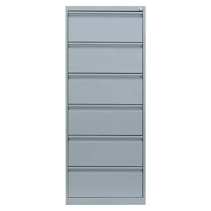 Lüllmann Hängeregisterschrank - H x B x T: 132 x 53 x 62 cm, Lichtgrau, Fertig montiert, Anzahl Schubladen: 6 Stk. - Grauer, schmaler Aktenschrank mit sechs Fächern und einem kleinen Schloss oben rechts zur sicheren Aufbewahrung von Dokumenten.