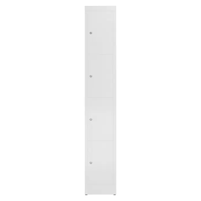 Lüllmann ClassiX Schließfachschrank - H x B x T: 180 x 31 x 50 cm, Signalweiß, Fertig montiert, Anzahl Fächer: 4 Stk. - Eine elegante, weiße Tür mit vier quadratischen Feldern und dezenten, runden Türgriffen. Ideal für moderne Innenräume mit minimalistischem Design.
