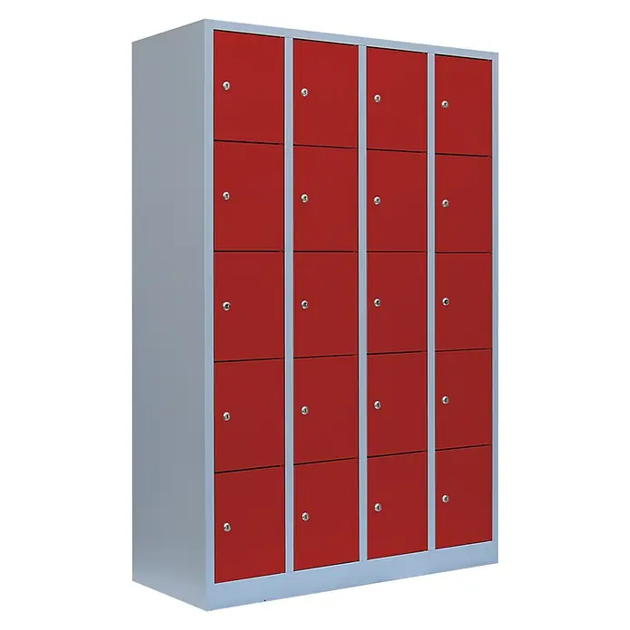 Lüllmann Schließfachschrank - H x B x T: 180 x 117 x 50 cm, Lichtgrau/Feuerrot, Fertig montiert, Anzahl Fächer: 20 Stk. - Ein Schrank mit vier Spalten und fünf Reihen mit roten Türen und silbernen Rahmen.