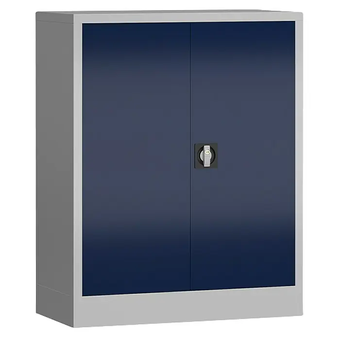 Lüllmann ClassiX Metall-Mehrzweckschrank - H x B x T: 100 x 80 x 38 cm, Lichtgrau/Enzianblau, Fertig montiert, Anzahl Böden: 2 Stk. - Der blaue Aktenschrank mit stabilen Metalltüren und einem silbernen Rahmen bietet sicheren Stauraum für Büro und Werkstatt.