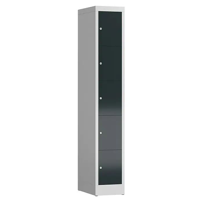 Lüllmann ClassiX Schließfachschrank - H x B x T: 180 x 31 x 50 cm, Lichtgrau/Anthrazit, Fertig montiert, Anzahl Fächer: 5 Stk. - Ein grauer Metallspind mit fünf Fächern und silbernen Griffen. Das perfekte Möbelstück für Büro oder Zuhause zur Aufbewahrung von Gegenständen.