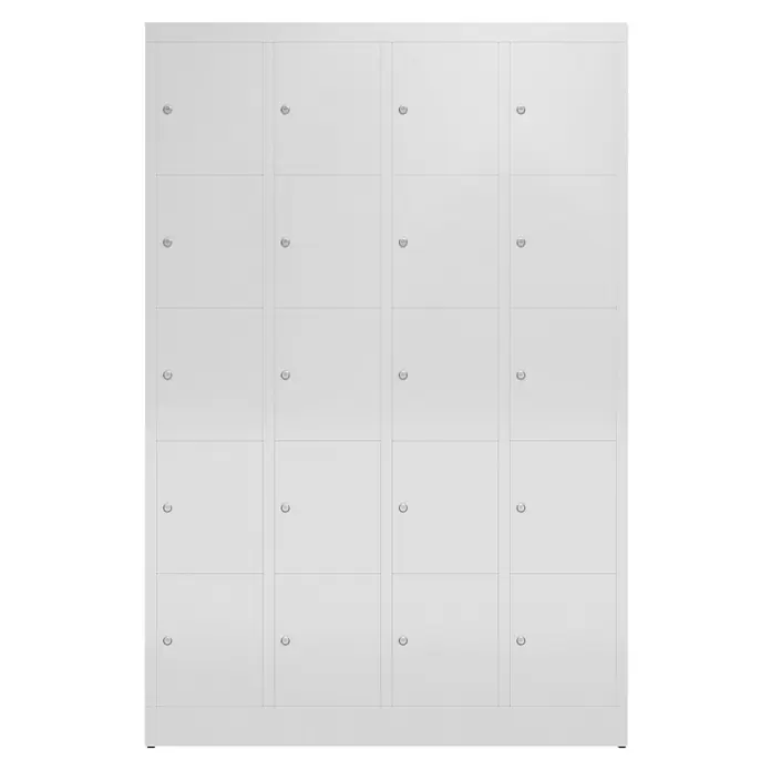 Lüllmann ClassiX Schließfachschrank - H x B x T: 180 x 118,5 x 50 cm, Lichtgrau, Fertig montiert, Anzahl Fächer: 20 Stk. - Das Bild zeigt einen weißen Schließfachschrank mit zwanzig Fächern, ideal für Schulen oder Fitnessstudios. Er bietet sichere Aufbewahrung.