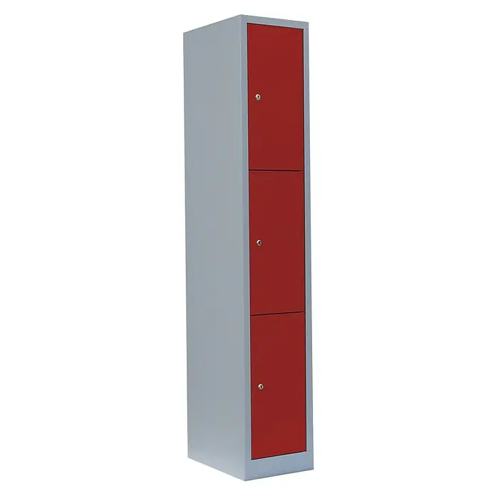 Lüllmann Schließfachschrank - H x B x T: 180 x 31,5 x 50 cm, Lichtgrau/Feuerrot, Fertig montiert, Anzahl Fächer: 3 Stk. - Grauer Metallschrank mit drei roten Fächern und Schlössern. Ideal für Schulen, Fitnessstudios oder Arbeitsplätze, bietet dieser Schrank sichere Aufbewahrung.