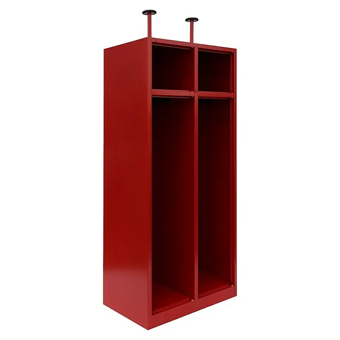 Lüllmann Feuerwehrschrank - H x B x T: 180 x 80 x 50 cm, Feuerrot, Fertig montiert, Anzahl Fächer: 2 Stk. - Roter Spind mit zwei Fächern und Regalböden. Perfekt für die Aufbewahrung von Kleidung oder anderen persönlichen Gegenständen in einem organisierten Raum.