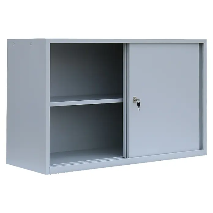 Lüllmann ClassiX Schiebetür Schrank - H x B x T: 75 x 120 x 45 cm, Lichtgrau, Fertig montiert, Anzahl Böden: 1 Stk. - Grauer Büroschrank mit Schiebetür und Schlüssel, ideal für die Aufbewahrung von Büromaterialien und Dokumenten.