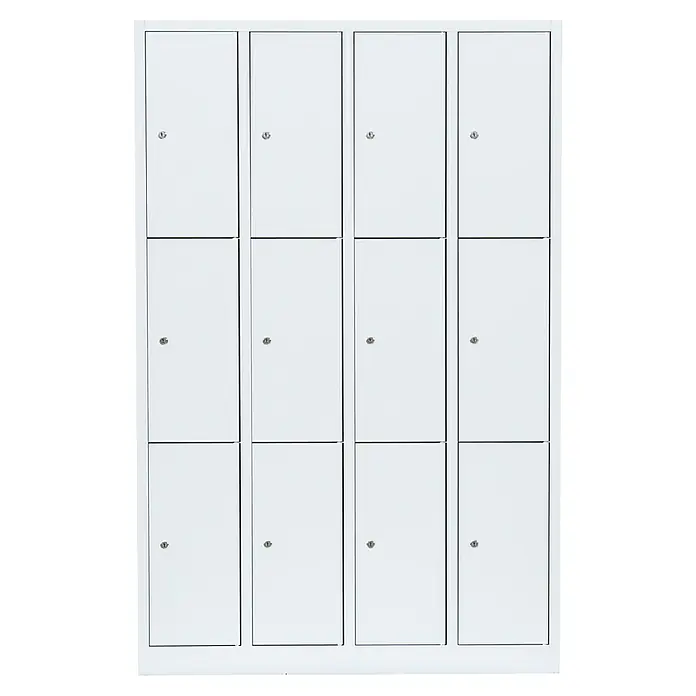Lüllmann Schließfachschrank - H x B x T: 180 x 117 x 50 cm, Signalweiß, Fertig montiert, Anzahl Fächer: 12 Stk. - Ein Bild eines weißen Schranks mit zwölf abschließbaren Fächern, die in einem 4x3-Raster angeordnet sind, ideal für Büros oder Umkleideräume.