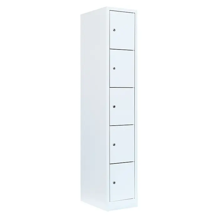 Lüllmann Schließfachschrank - H x B x T: 180 x 31,5 x 50 cm, Signalweiß, Fertig montiert, Anzahl Fächer: 5 Stk. - Ein weißer Schrank mit fünf abschließbaren Fächern, ideal für die Aufbewahrung von persönlichen Gegenständen in Büros oder Schulen.