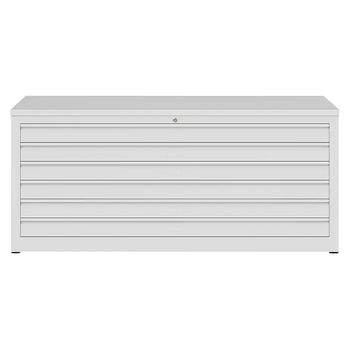 Lüllmann Planschrank - H x B x T: 60,5 x 140,5 x 95,5 cm, Signalweiß, Fertig montiert, Anzahl Schubladen: 6 Stk. - Abbildung eines weißen Schubladenschranks mit mehreren Schubladen und einem Schloss, ideal zur Aufbewahrung und Organisation von Werkzeugen.