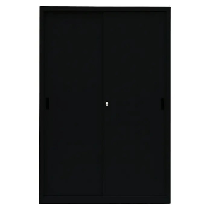 Lüllmann Schiebetür Schrank - H x B x T: 195 x 120 x 45 cm, Tiefschwarz, Fertig montiert, Anzahl Böden: 4 Stk. - Schwarzer Schiebetürenschrank mit minimalistischem Design und zentralem Schloss für moderne Wohnräume.