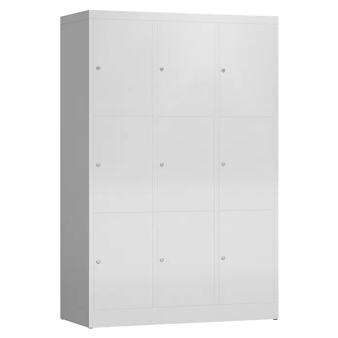 Lüllmann ClassiX Schließfachschrank - H x B x T: 180 x 118,5 x 50 cm, Lichtgrau, Fertig montiert, Anzahl Fächer: 9 Stk. - Weißer Spindschrank mit neun Fächern und minimalistischem Design. Perfekt für Büro, Schule oder Umkleideraum. Praktisch und platzsparend.