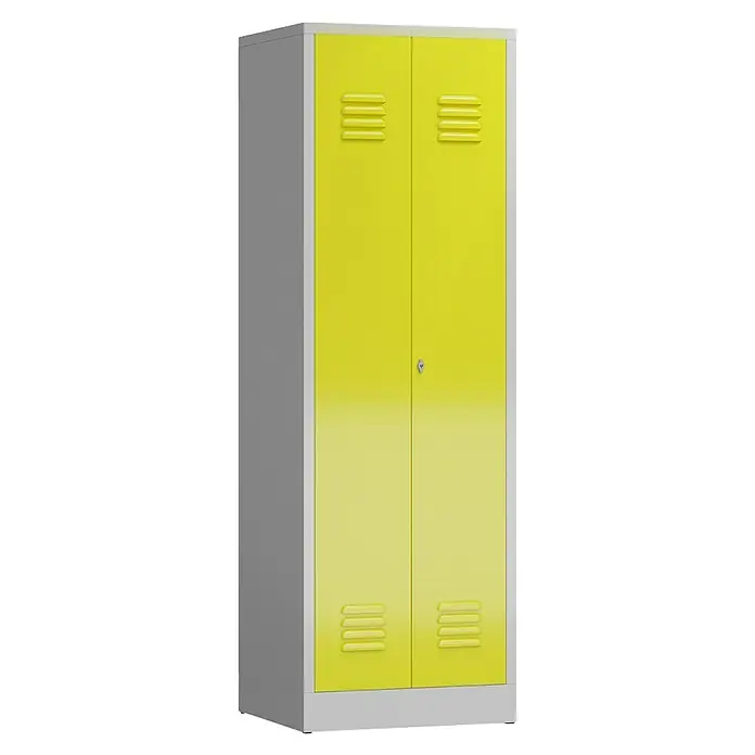 Lüllmann ClassiX Metall-Mehrzweckschrank - H x B x T: 180 x 59 x 50 cm, Lichtgrau/Zinkgelb, Fertig montiert, Anzahl Böden: 4 Stk. - Gelber Metallschrank mit zwei Türen und Lüftungsschlitzen, ideal für Büro oder Umkleideraum.