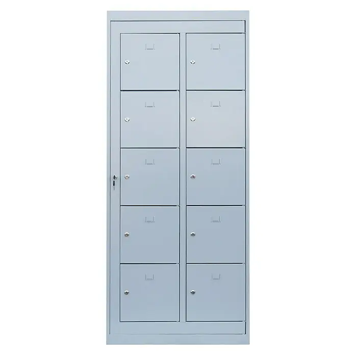 Lüllmann Fächerschrank - H x B x T: 180 x 74 x 50 cm, Lichtgrau, Fertig montiert, Anzahl Fächer: 10 Stk. - Grauer Schließfachschrank mit zehn abschließbaren Fächern, ideal für sichere Aufbewahrung in verschiedenen Umgebungen.