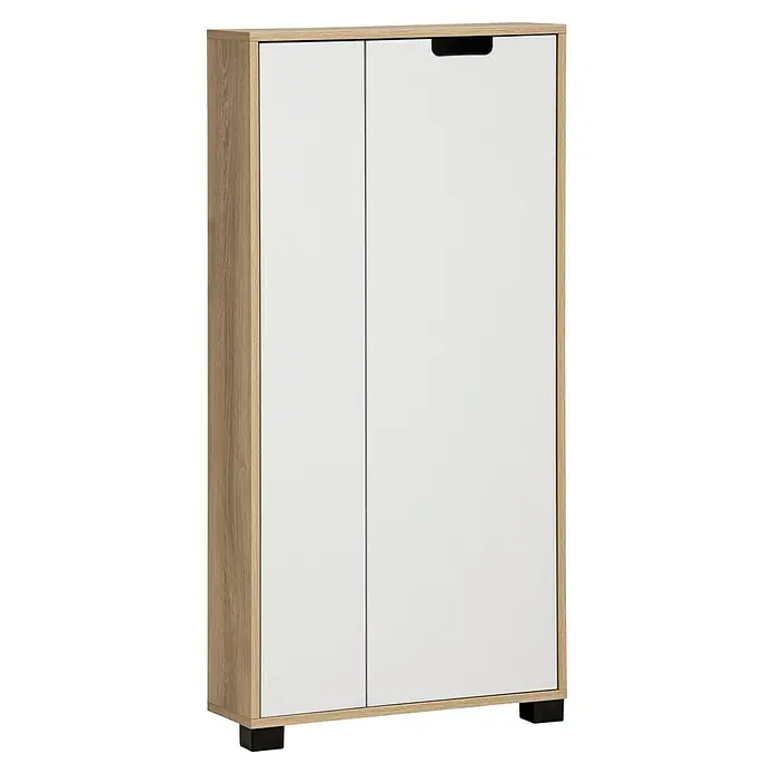 Schildmeyer Emmik Highboard - L x B x H: 19,5 x 59,9 x 124 cm, Weiß/Eiche, Matt - Aufnahme eines modernen Schranks mit weißem Korpus und Holzrahmen, der Funktionalität und Ästhetik vereint.