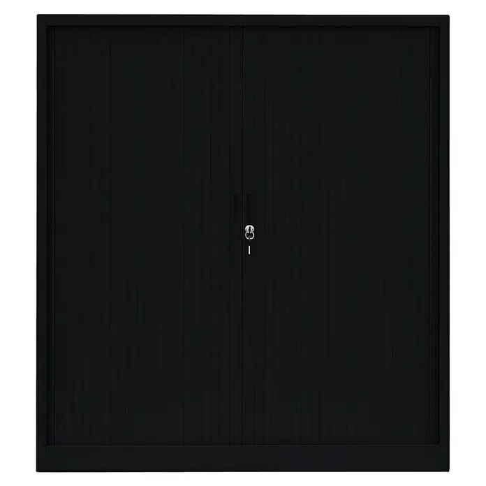 Lüllmann Rollladenschrank - H x B x T: 135 x 120 x 45,7 cm, Tiefschwarz, Fertig montiert, Anzahl Böden: 2 Stk. - Schwarze Metallschiebetüren mit vertikalen Linien und silbernem Schloss in der Mitte für mehr Sicherheit und Ordnung.