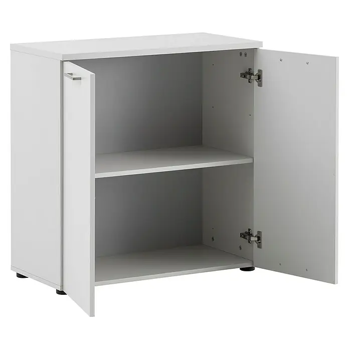 Schildmeyer 1500 Kommode - L x B x H: 41 x 80,2 x 84 cm, Lichtgrau - Abbildung eines weißen Aktenschranks mit zwei offenen Türen, der zwei Ablagefächer offenbart.