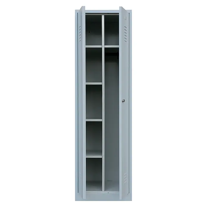 Lüllmann Metall-Mehrzweckschrank - H x B x T: 180 x 50 x 50 cm, Lichtgrau, Fertig montiert, Anzahl Böden: 4 Stk. - Aufnahme eines Metallschranks mit Regalen und einer Stange zum Aufhängen von Kleidung. Der Schrank ist hellgrau und hat offene Türen.