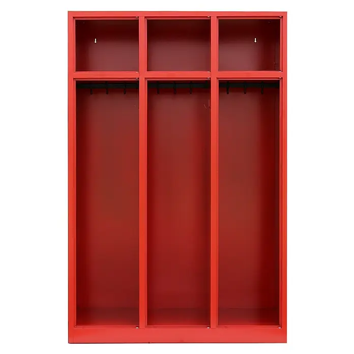 Lüllmann Feuerwehrschrank - H x B x T: 180 x 118,5 x 50 cm, Feuerrot, Fertig montiert, Anzahl Fächer: 3 Stk. - Roter Spind mit Fächern und Haken für Kleidung und Gegenstände. Ideal für Umkleideräume und Sportanlagen, bietet viel Stauraum und Ordnung.